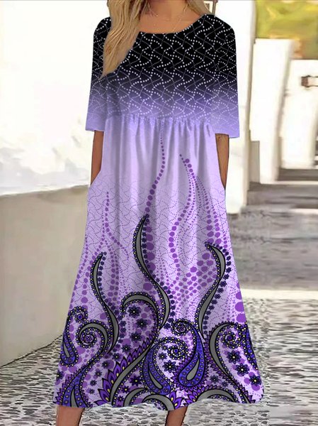 Women Floral Crew Neck Short Sleeve Comfy Casual Maxi Dress, Purple, Maxi