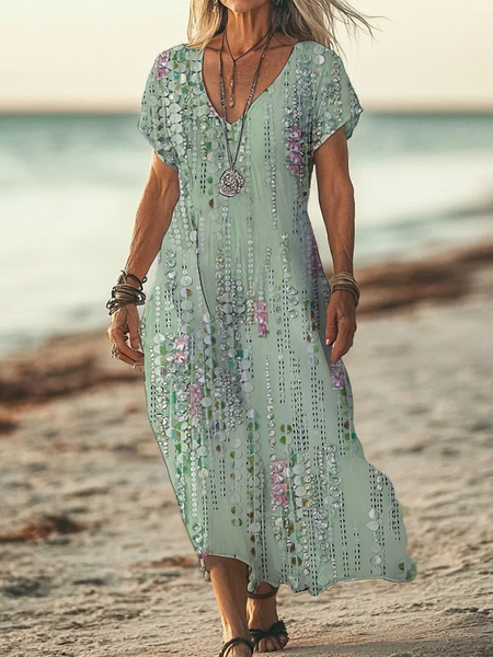 Women Striped V Neck Short Sleeve Comfy Casual Printing Maxi Dress, Green, Dresses