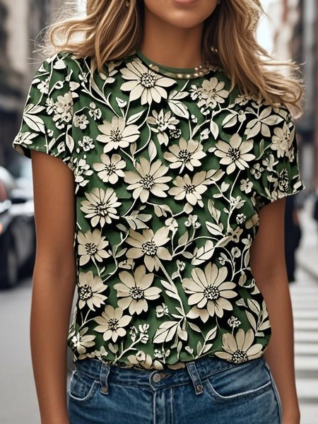 

Casual Floral Crew Neck Short Sleeve T-shirt, Green, T-shirts
