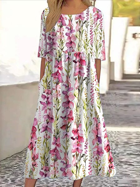 

Women Floral Crew Neck Short Sleeve Comfy Casual Maxi Dress, White, Maxi