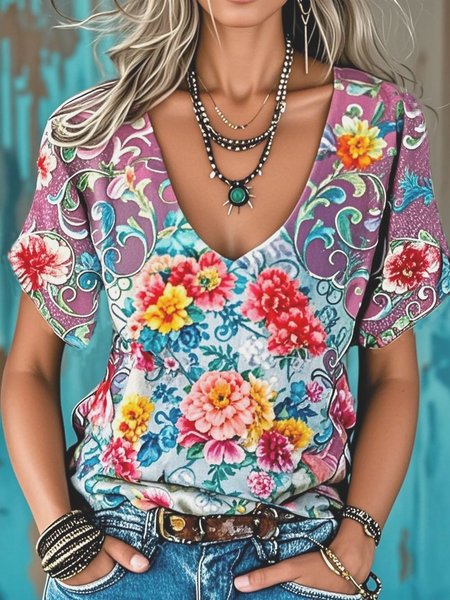 

Casual Floral V Neck Short Sleeve T-shirt, Purple, T-shirts
