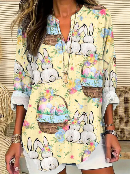 

Shawl Collar Half Sleeve Easter (Egg) Regular Loose Blouse For Women, As picture, Blouses