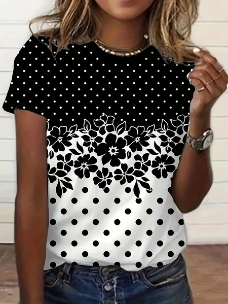 

Casual Floral Crew Neck Short Sleeve T-shirt, As picture, T-shirts