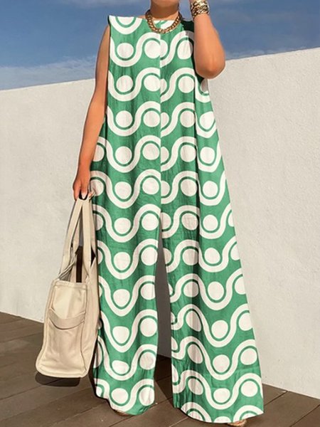 Casual Printing Geometric Crew Neck Jumpsuit, Green, Jumpsuits