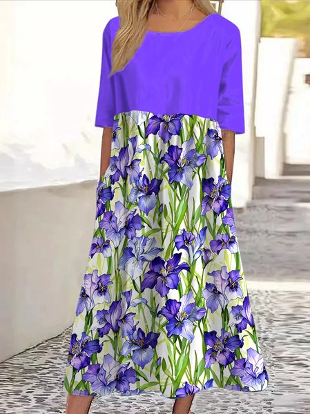 

Women Floral Crew Neck Short Sleeve Comfy Casual Maxi Dress, Purple, Maxi
