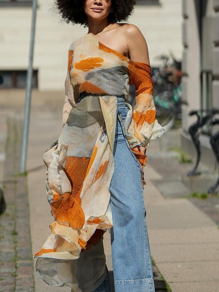 

Vacation Random Print Side-Slit Asymmetrical Blouse, Orange, Blouses and Shirts