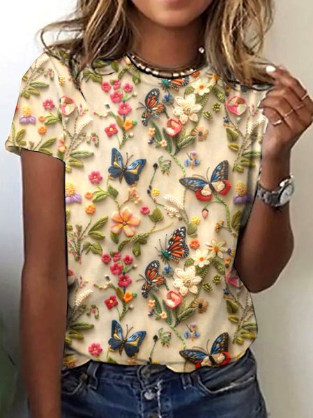 

Casual Floral Crew Neck Short Sleeve T-shirt, Apricot, T-shirts