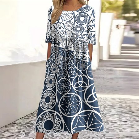 

Women Geometric Crew Neck Short Sleeve Comfy Casual Maxi Dress, Purplish blue, Maxi