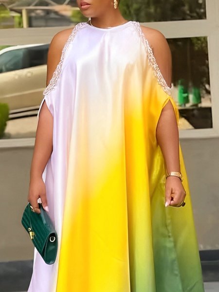 Vacation Gradient Pattern Crew Neck Maxi Dress, As picture, Maxi Dresses