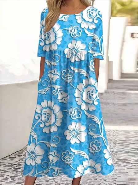 

Women Floral Crew Neck Short Sleeve Comfy Casual Maxi Dress, Aqua blue, Maxi