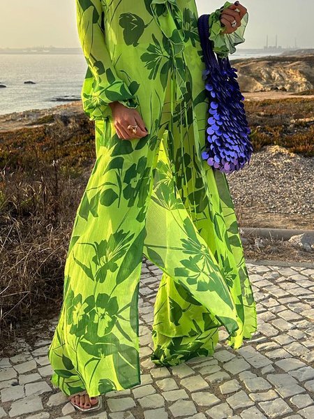 

Vacation Floral Printing Wide Leg Pants, Green, Pants