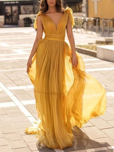 Vacation Plain Gathered V Neck Maxi Dress, Yellow, Maxi Dresses