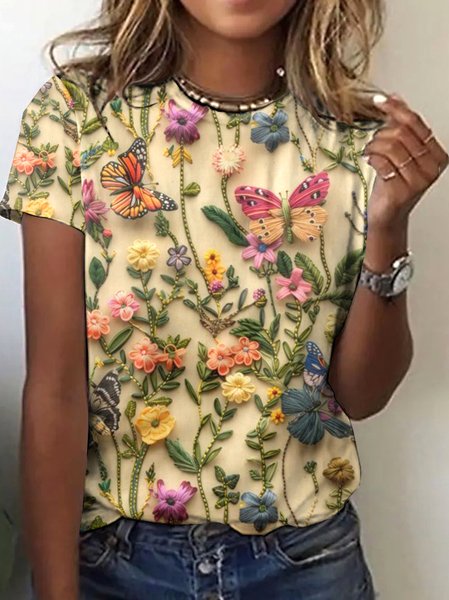 

Casual Floral Crew Neck Short Sleeve T-shirt, Apricot, T-shirts