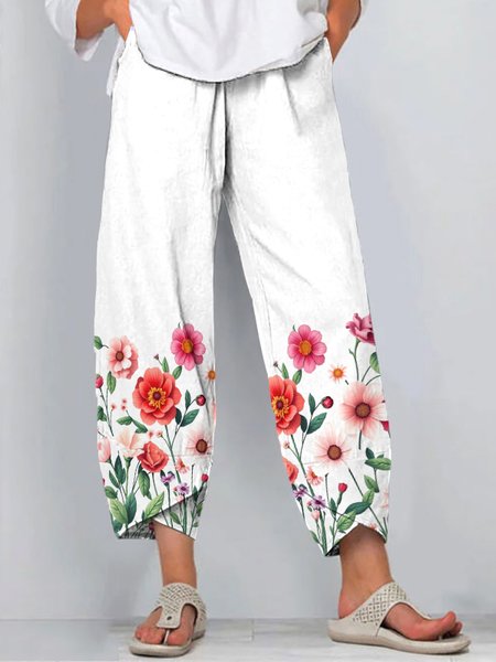 

Casual Floral Ankle Pants Pant, White, Pants