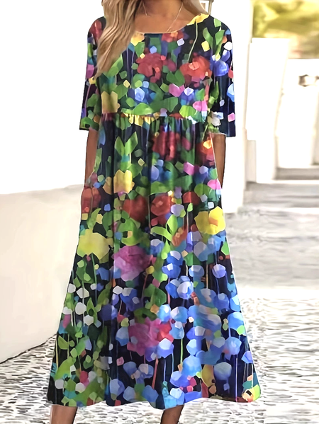 

Women Floral Crew Neck Short Sleeve Comfy Casual Maxi Dress, Multicolor, Maxi