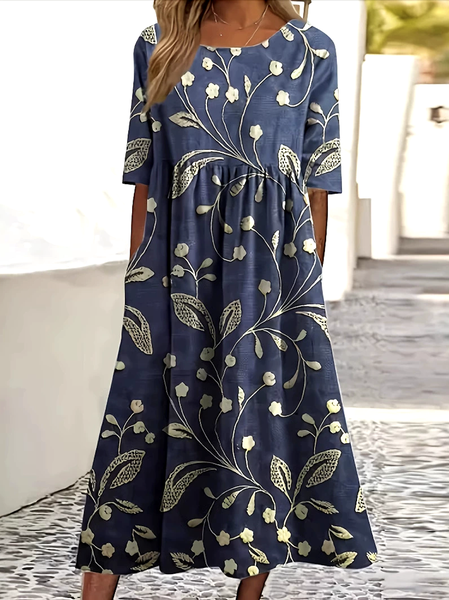 

Women Floral Crew Neck Short Sleeve Comfy Casual Maxi Dress, Purplish blue, Maxi