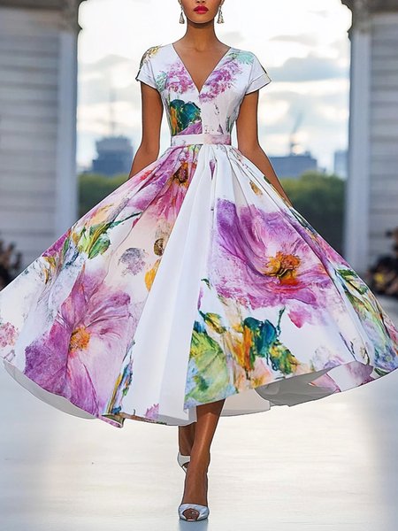 

Elegant Floral Printing V Neck Maxi Party Dress, As picture, Maxi Dresses