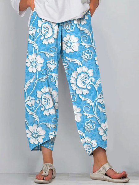 

Casual Floral Ankle Pants Pant, Aqua blue, Pants