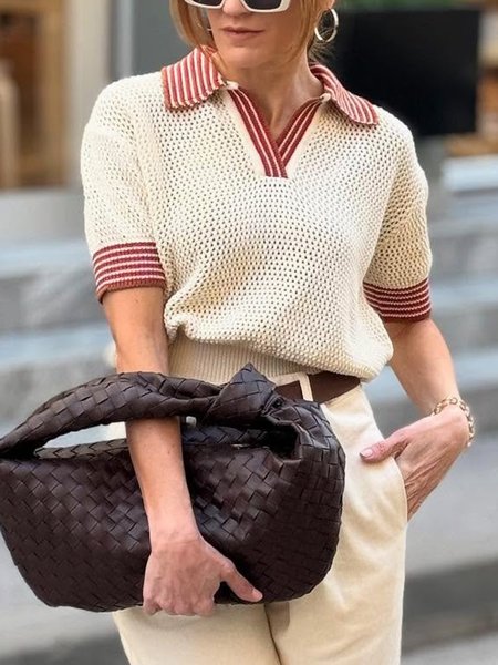 

Urban Color Block Polo Collar Sweater, Apricot, Pullovers