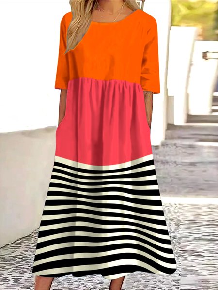 Women Geometric Crew Neck Short Sleeve Comfy Casual Maxi Dress, Orange, Maxi