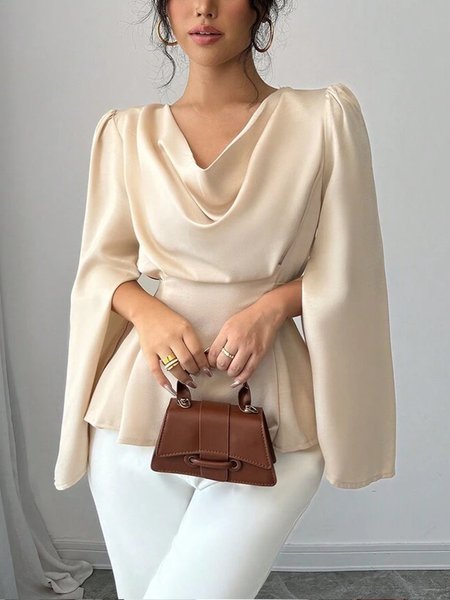 

Elegant Plain Cowl Neck Split Sleeves Blouse, Apricot, Blouses and Shirts