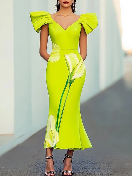

Elegant Floral Puff Sleeve Printing V Neck Maxi Dress, As picture, Maxi Dresses