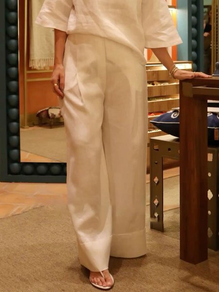 

Casual Plain Linen blend Wide Leg Pants, White, Pants