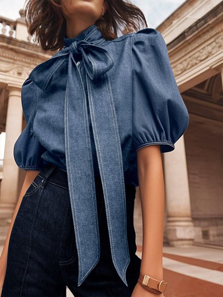 Denim Urban Plain Bow Stand Collar Shirt, Blue, Blouses and Shirts
