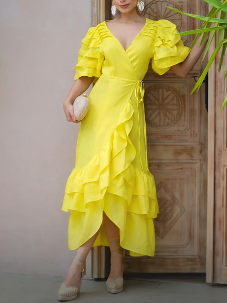 Casual Plain Drawstring V Neck Maxi Dress, Yellow, Maxi Dresses