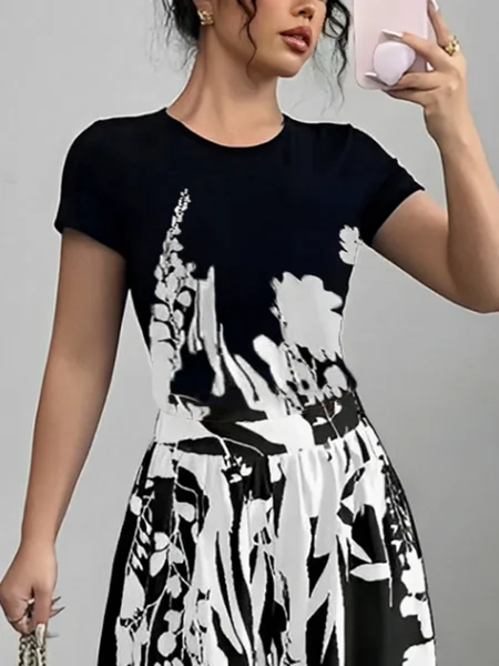 

Casual Plants Printing Crew Neck T-shirt, Black-white, Tees