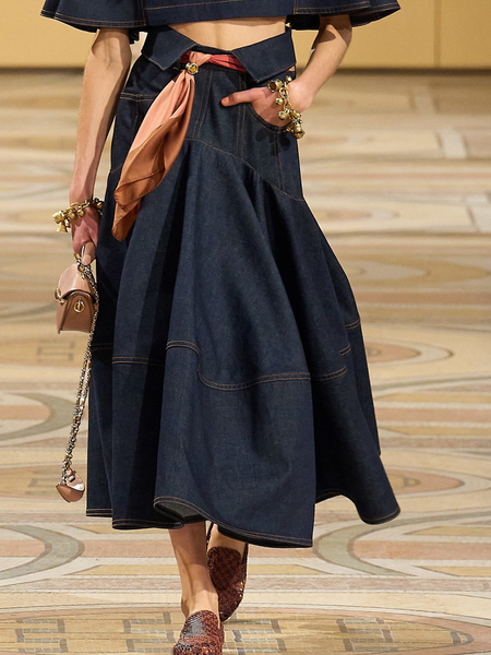 

Casual Zipper Plain Midi Denim Skirt, Blue, Denim Skirts