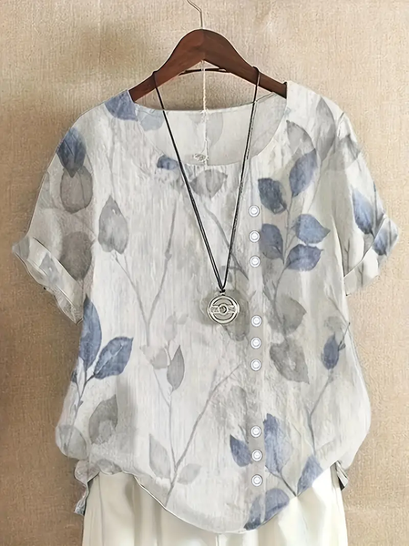 

Women's Short Sleeve Shirt Summer White Floral Printing Crew Neck Daily Going Out Casual Top, Blouses & Shirts