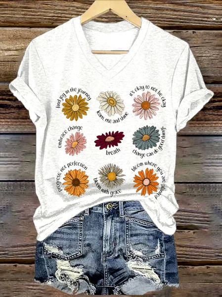 

Casual Floral V Neck Short Sleeve T-shirt, White, T-shirts