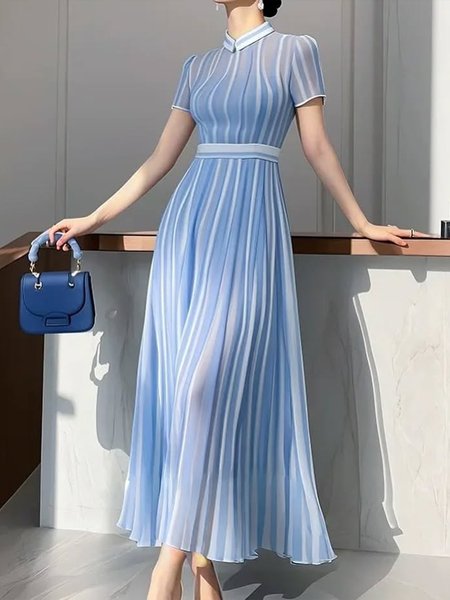

Elegant Striped Printing Stand Collar Maxi Dress, Blue, Maxi Dresses