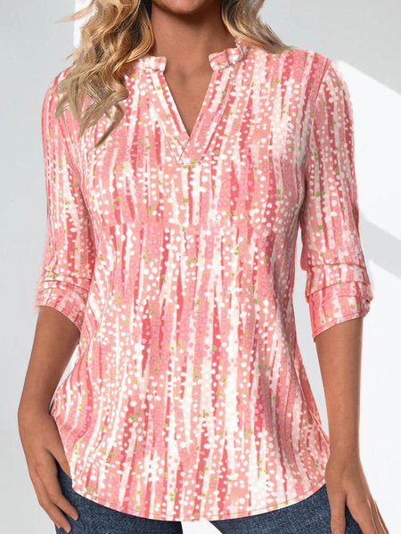 

Women Striped Long Sleeve Blouse Spring/Fall V Neck Daily Casual Top, Pink, Shirts