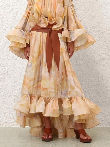 

Vacation Gathered Ombre Maxi Skirt Belt, As picture, Skirts