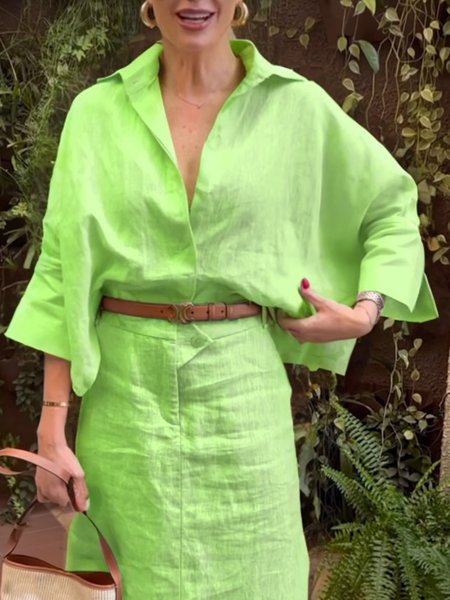 

Linen Blend Casual Plain Shirt Collar Raglan Sleeves Shirt, Green, Blouses and Shirts