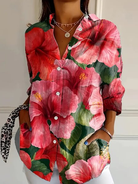 

Women's Long Sleeve Shirt Spring/Fall Floral Buckle Shirt Collar Daily Going Out Casual Top, As picture, Shirts
