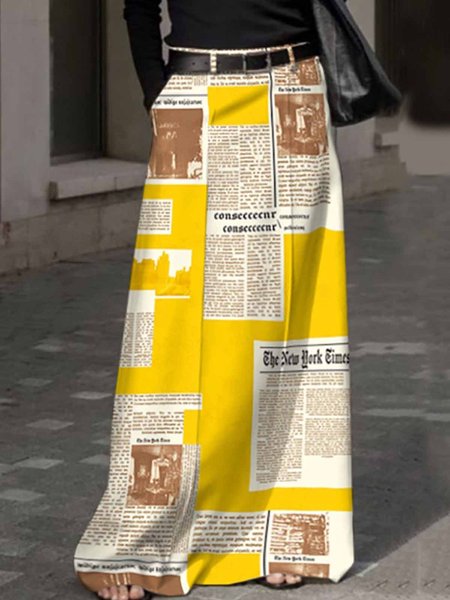 Urban Printing Newspaper Maxi Skirt, Yellow, Skirts