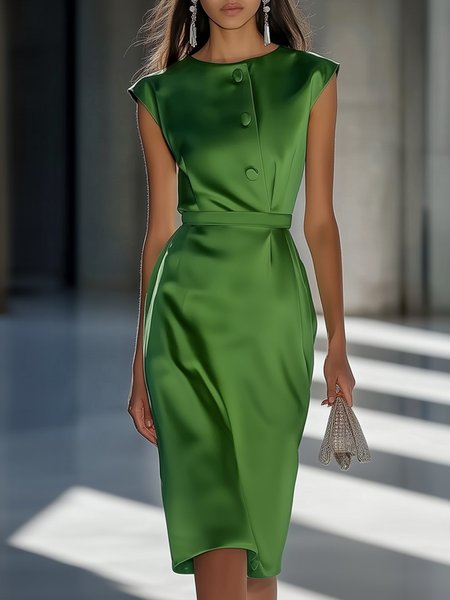 

Elegant Plain Raglan Sleeves Buttoned Crew Neck Knee Length Dress Belt, Green, Midi Dresses