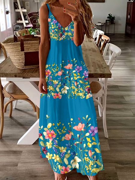 Women Floral Spaghetti Sleeveless Comfy Casual Maxi Dress, Lake blue, Maxi
