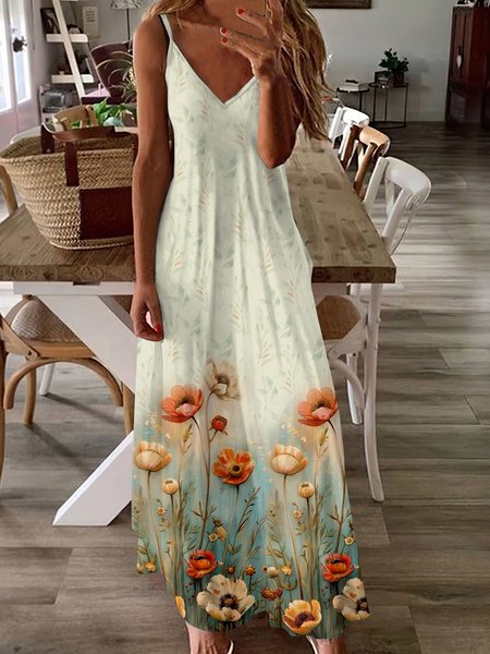 

Women Floral Spaghetti Sleeveless Comfy Casual Maxi Dress, Apricot, Maxi