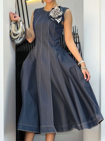 

Urban Plain Pockets Midi Dress Brooch, As picture, Midi Dresses