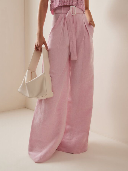 Urban Plain Cotton And Linen Wide Leg Pants With Belt, Pink, Pants