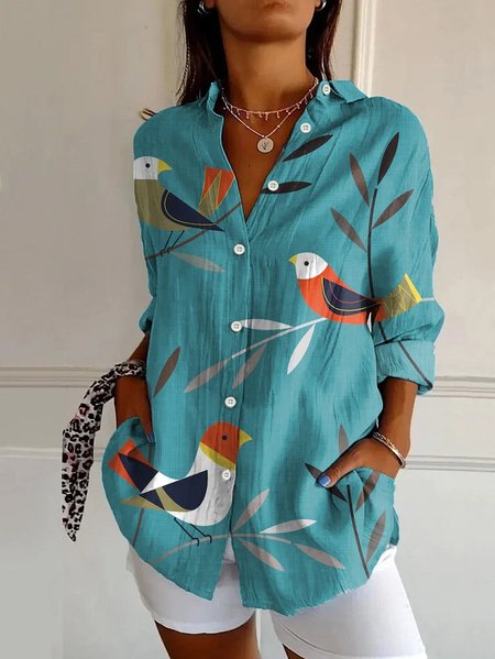 

Women Bird Long Sleeve Shirt Spring/Fall Buckle Shirt Collar Daily Casual Top, Blue, Shirts