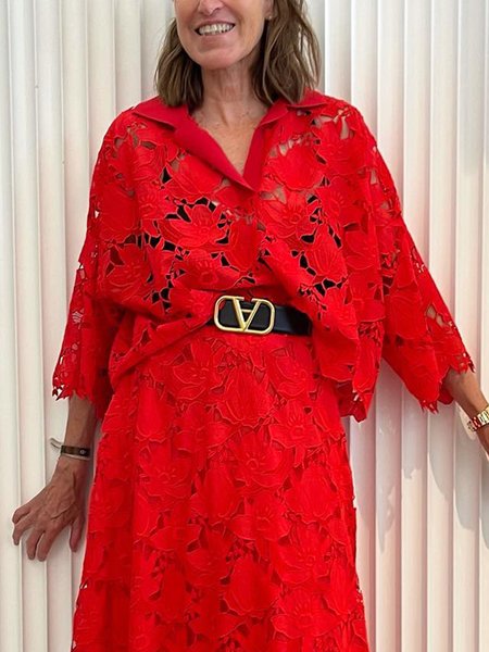 

Elegant Plain Hollow Out Shawl Collar Loosen Blouse, Red, Blouses and Shirts
