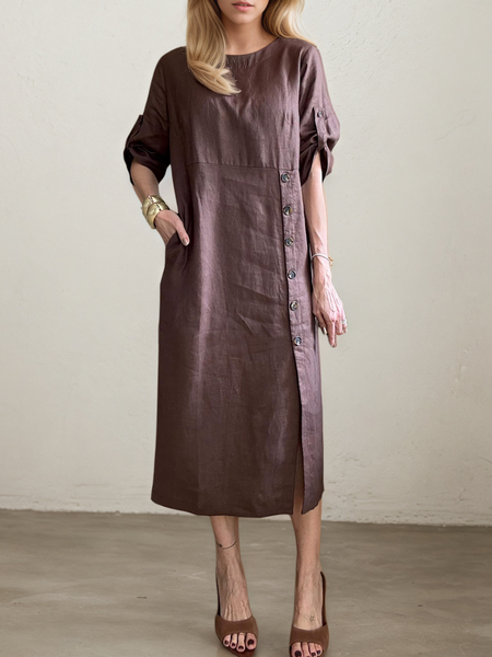 

STYLE WE x CHILLINEN | Casual Plain Asymmetric linen-cotton Midi Dress, Coffee, Midi Dresses