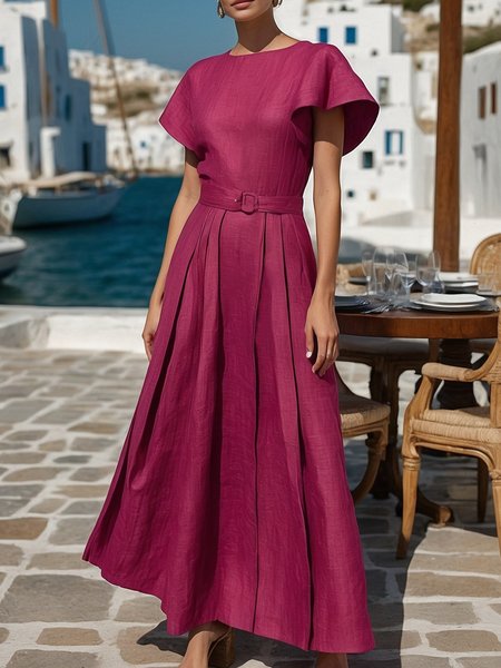 Urban Plain Cotton And Linen Crew Neck Maxi Dress With Belt, As picture, Maxi Dresses