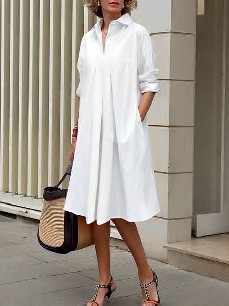 

Urban Plain Gathered Shirt Collar Knee Length Dress, White, Midi Dresses