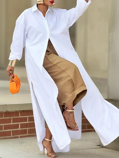 

Casual Cotton Loose Split Long Shirt, White, Blouses and Shirts